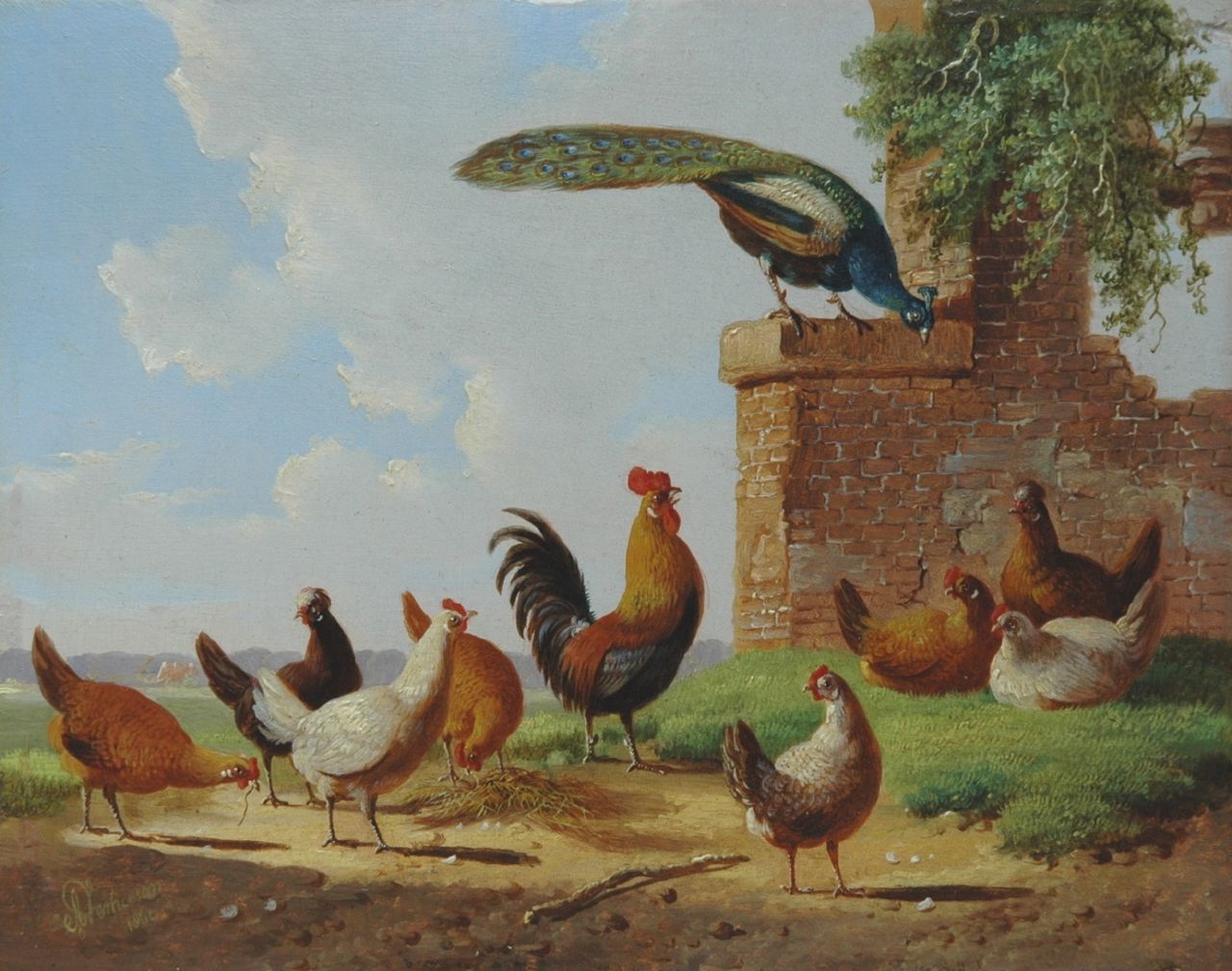 Verhoesen A.  | Albertus Verhoesen, Poultry in a classical landscape, Öl auf Holz 13,2 x 16,7 cm, signed l.l. und dated 1869