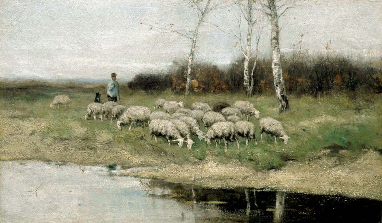 Scherrewitz J.F.C.  | Johan Frederik Cornelis Scherrewitz, A shepherd and his flock at a watering place, Öl auf Leinwand 41,0 x 68,9 cm, signed l.r.