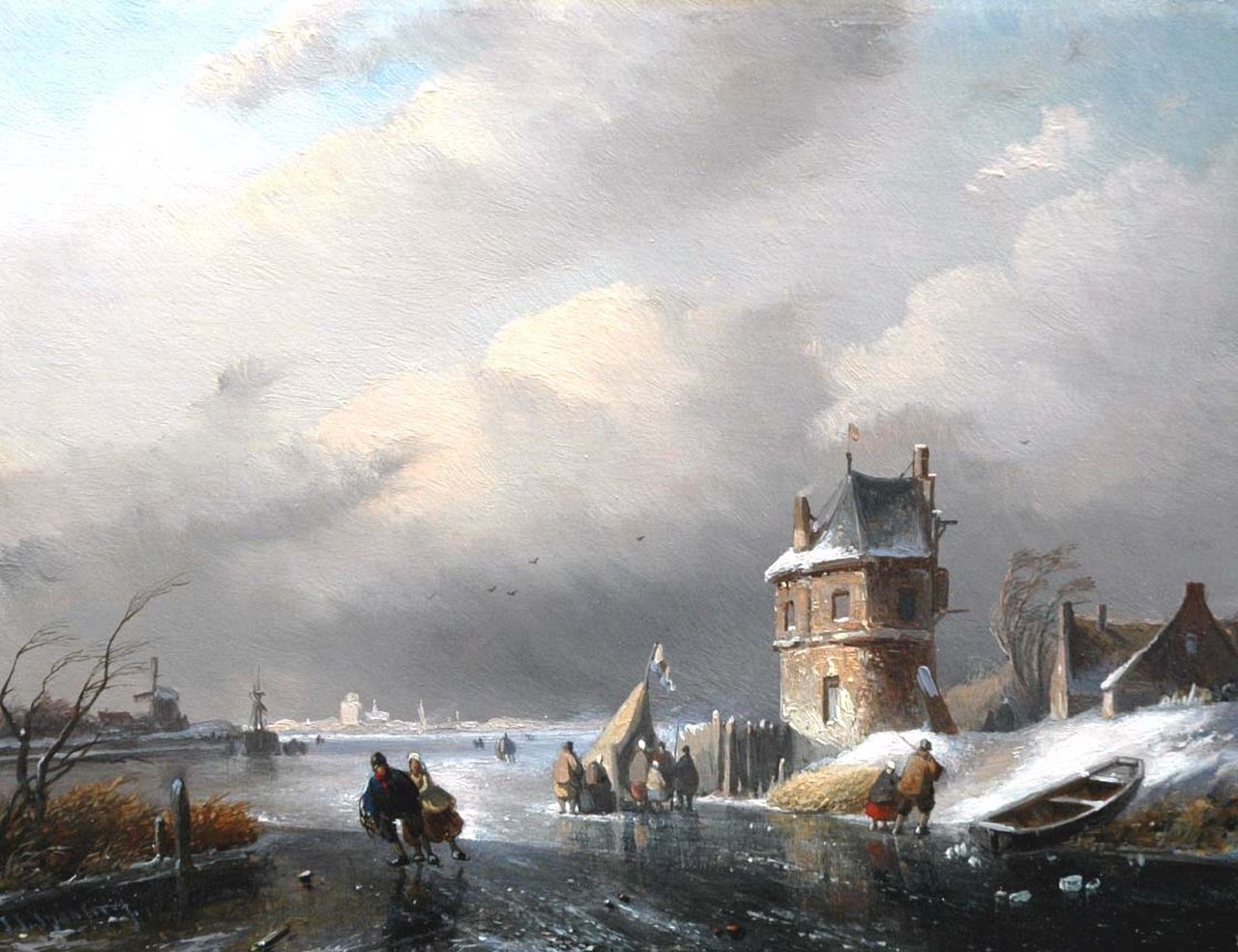 Spohler J.J.  | Jan Jacob Spohler, A winter landscape with figures by a 'koek en zopie', Öl auf Holz 21,9 x 28,5 cm, signed l.l.