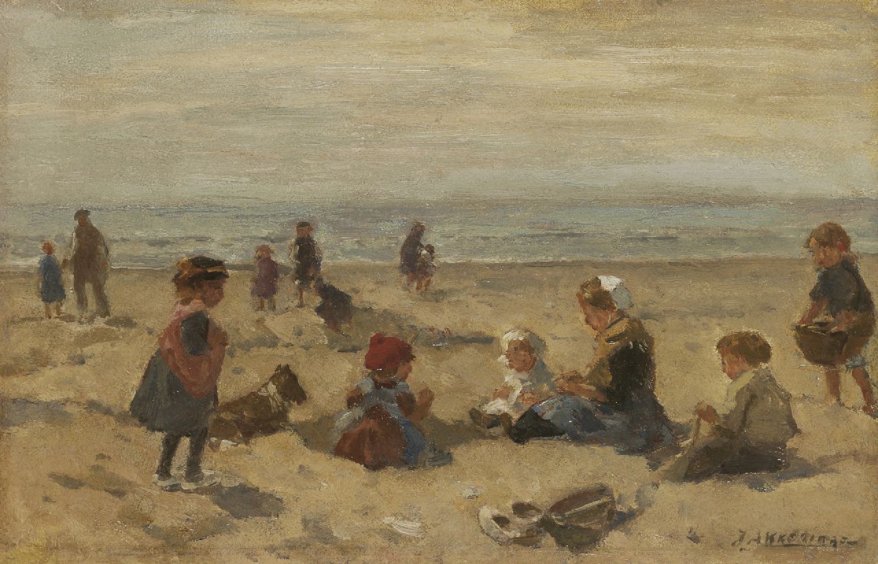 Akkeringa J.E.H.  | 'Johannes Evert' Hendrik Akkeringa, Children playing on the beach, Öl auf Holz 17,2 x 27,1 cm, signed l.r.