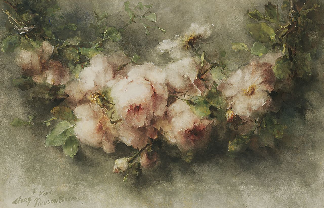 Roosenboom M.C.J.W.H.  | 'Margaretha' Cornelia Johanna Wilhelmina Henriëtta Roosenboom, A garland of pink roses, Aquarell auf Papier 48,3 x 75,3 cm, signed l.l.