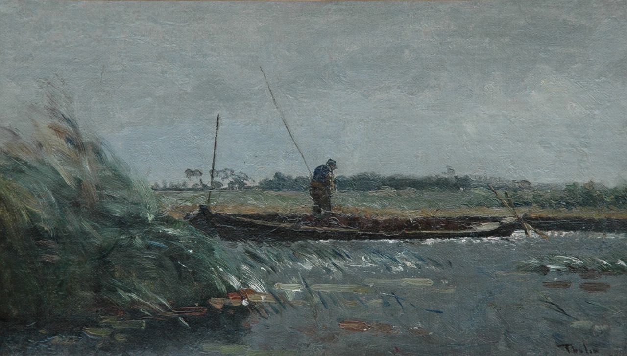 Tholen W.B.  | Willem Bastiaan Tholen, A figure  in a flatboat, Öl auf Leinwand 23,2 x 40,3 cm, signed l.r.