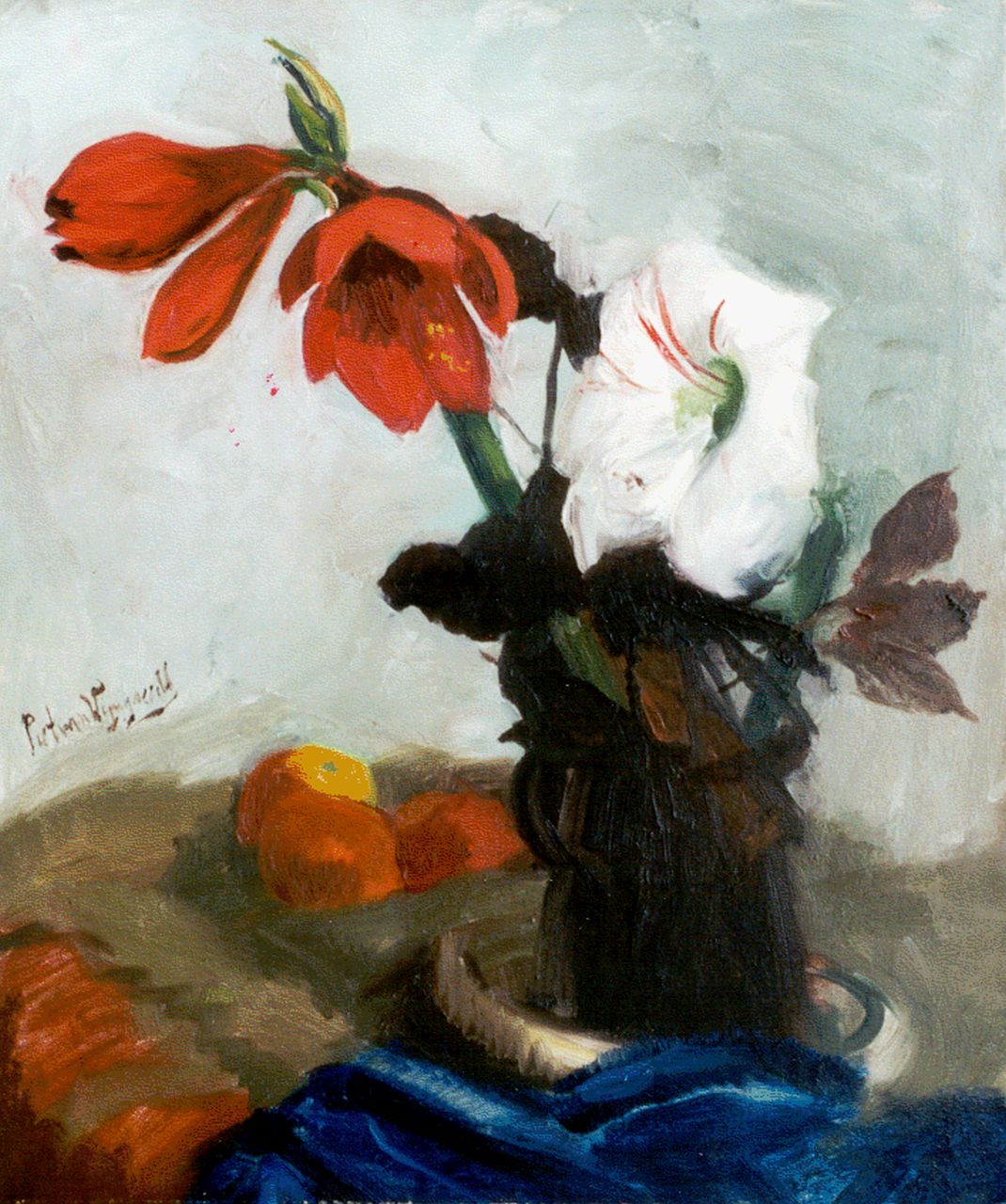 Wijngaerdt P.T. van | Petrus Theodorus 'Piet' van Wijngaerdt, Red and white amaryllis, Öl auf Leinwand 80,2 x 67,2 cm, signed l.c.