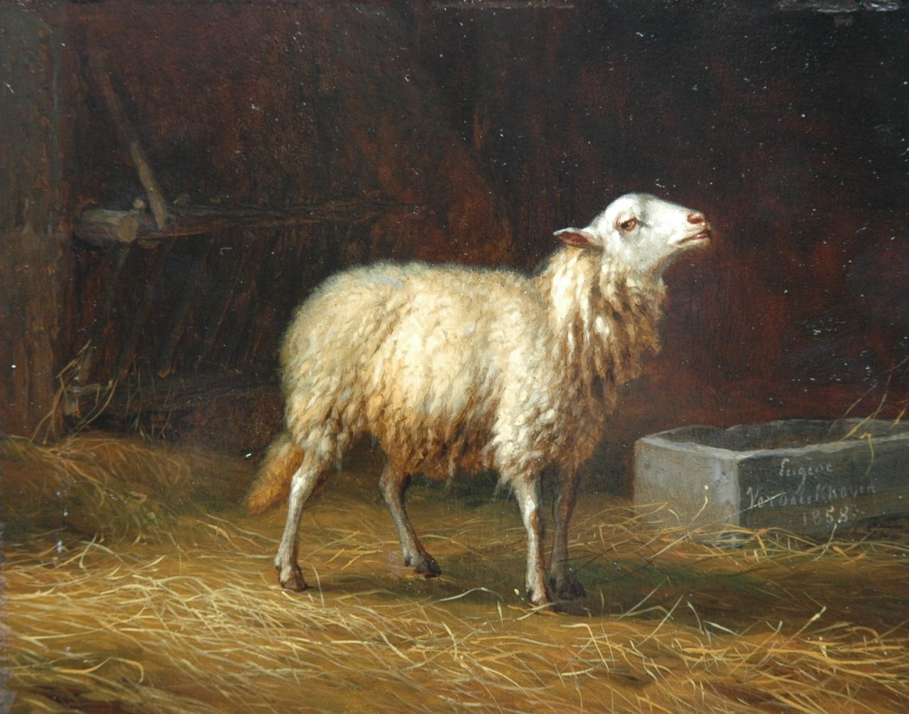 Verboeckhoven E.J.  | Eugène Joseph Verboeckhoven, A sheep, Öl auf Holz 11,9 x 15,2 cm, signed l.r. on the mess-kit und dated 1858