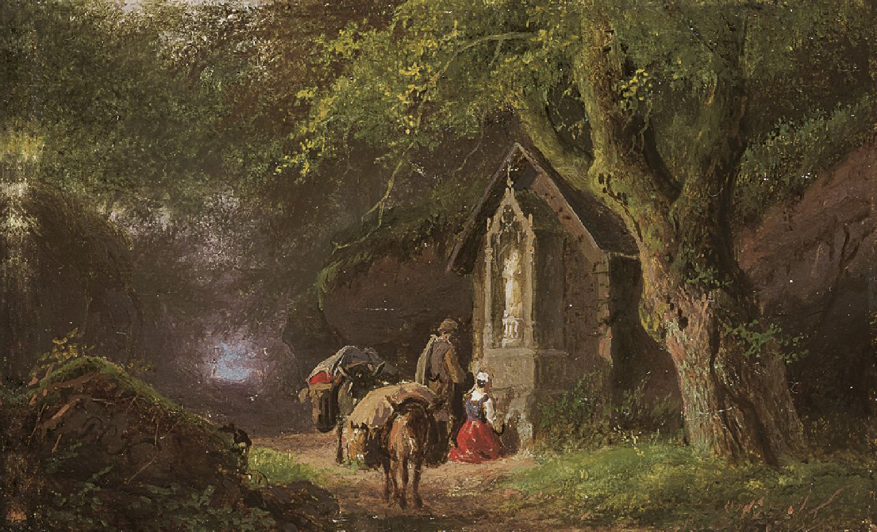 Koekkoek B.C.  | Barend Cornelis Koekkoek, Travellers at a Lady Chapel in the woods, Öl auf Kupfer 5,7 x 9,0 cm, signed l.l. with initials und painted between 1845-1849
