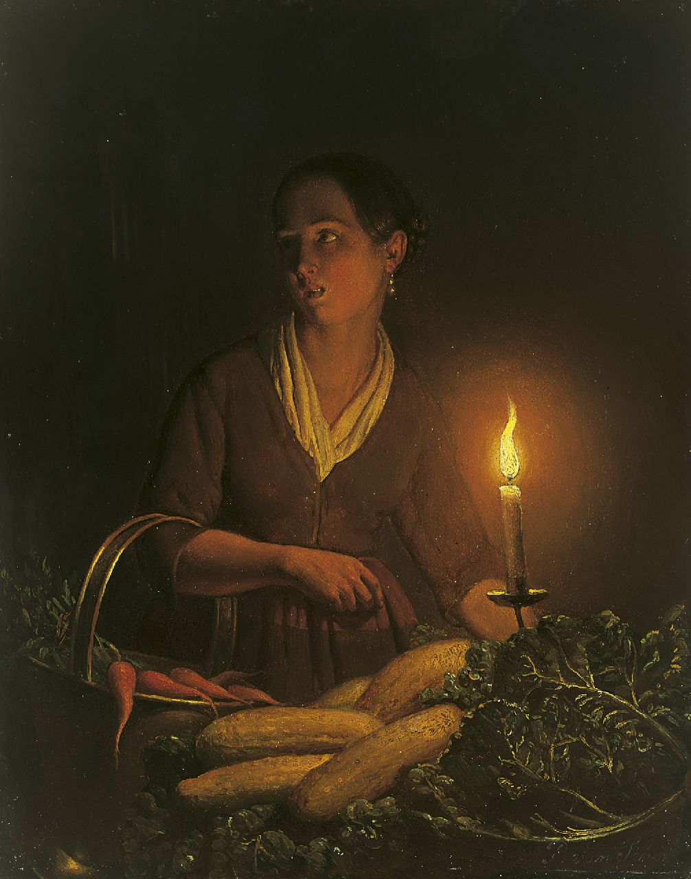 Schendel P. van | Petrus van Schendel, A girl selling vegetables at the night-market, Öl auf Holz 24,3 x 19,2 cm, signed l.r.