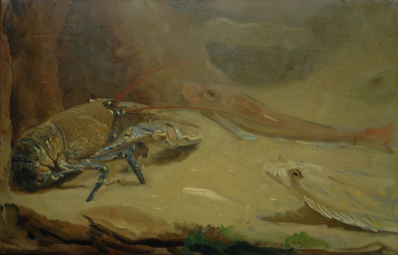 Dijsselhof G.W.  | Gerrit Willem Dijsselhof, An aquarium with lobster, plaice and carp, Öl auf Leinwand 37,3 x 58,0 cm, signed l.l. with monogram