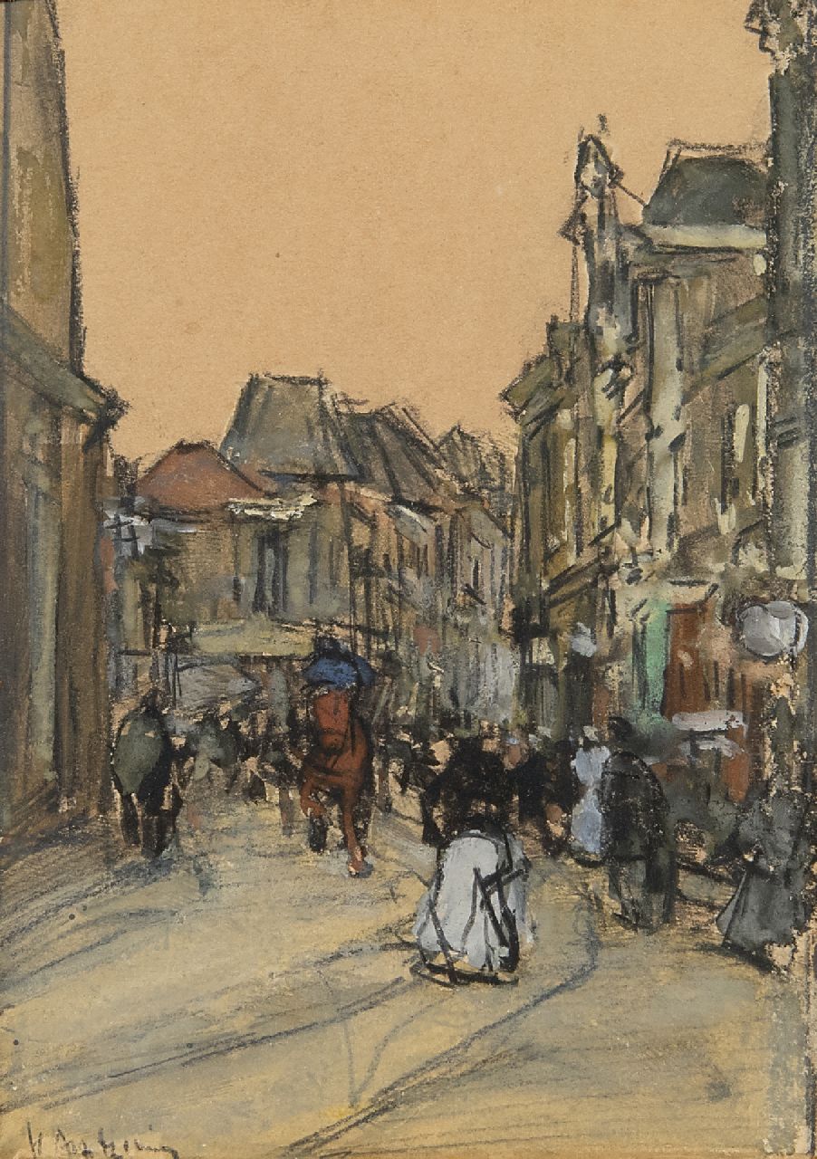 Arntzenius P.F.N.J.  | Pieter Florentius Nicolaas Jacobus 'Floris' Arntzenius, A street in The Hague, Schwarze Kreide und Aquarell auf Papier 12,5 x 8,9 cm, signed l.l.