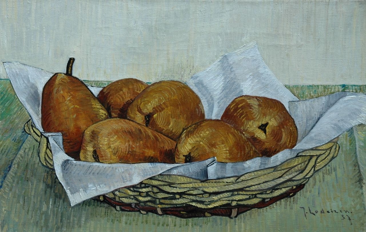 Lodeizen J.  | Johannes 'Jo' Lodeizen, Pears in a basket, Öl auf Leinwand 28,7 x 43,6 cm, signed l.r. und dated '37