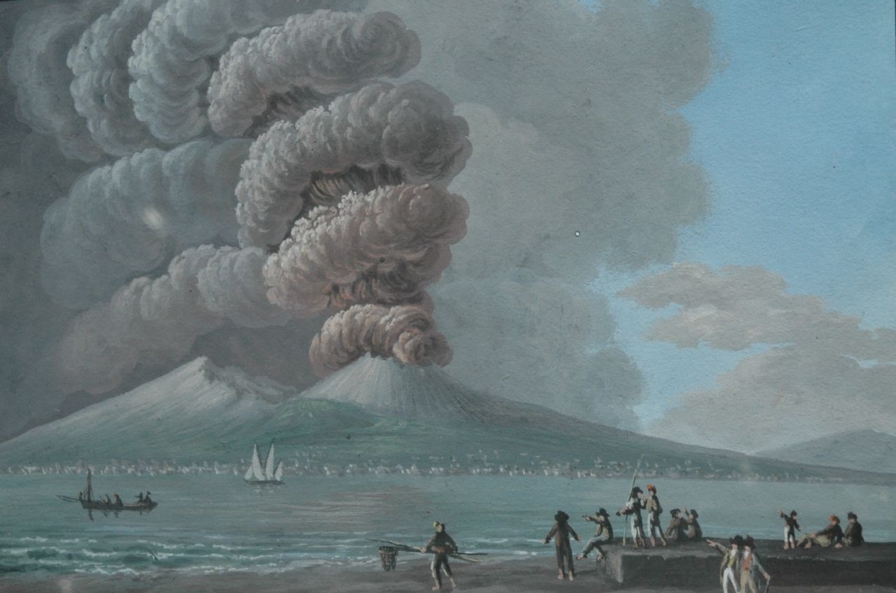 Italiaanse School, 19e eeuw   | Italiaanse School, 19e eeuw, Uitbarsting van de Vesuvius bij dag, op 19 juni 1794, Gouache auf Papier 23,5 x 29,0 cm
