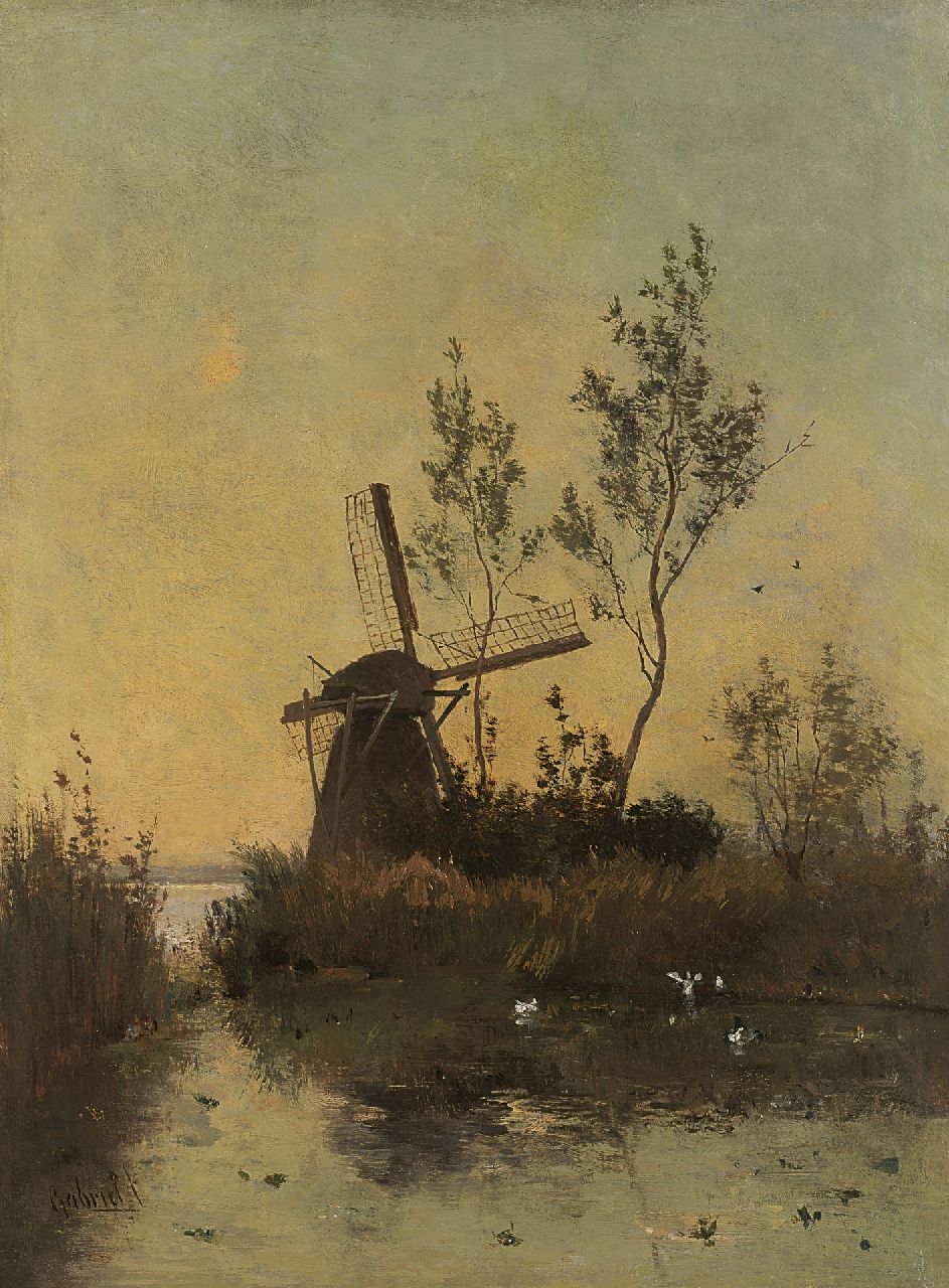Gabriel P.J.C.  | Paul Joseph Constantin 'Constan(t)' Gabriel, A windmill by sunset, Öl auf Leinwand 48,0 x 35,5 cm, signed l.l.