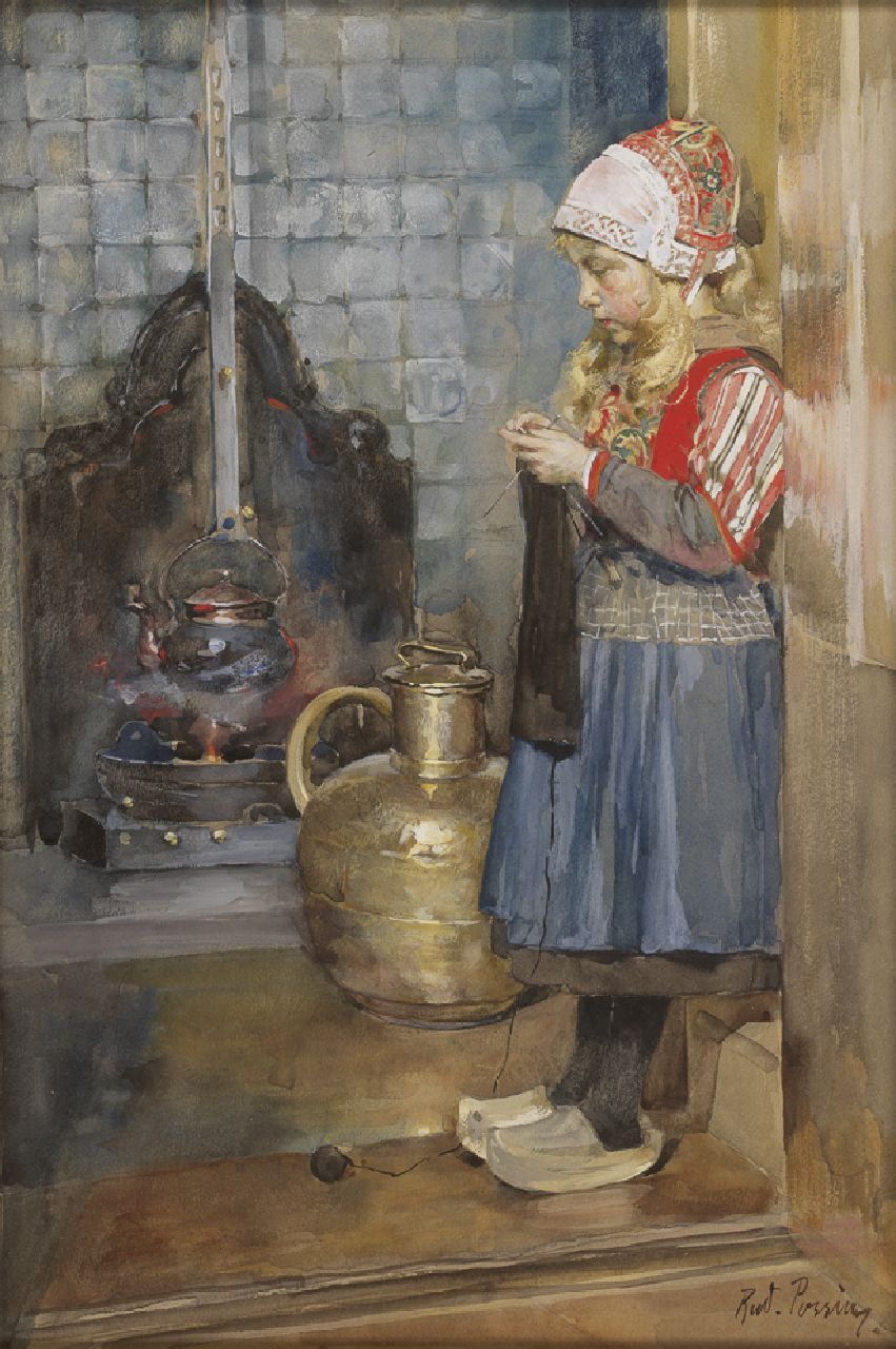 Possin R.  | Rudolf Possin, A girl from Marken in a traditional costume, Aquarell auf Papier 27,0 x 19,0 cm, signed l.r.