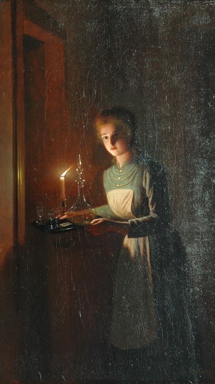 Rosierse J.  | Johannes Rosierse, A woman by candlelight, Öl auf Leinwand 37,5 x 21,7 cm, signed l.r.