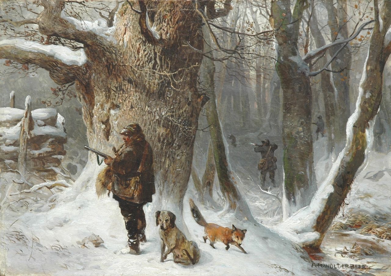 Wolterbeek A.H.  | 'Anna' Henriëtte Wolterbeek, Huntsmen in a winter landscape, Öl auf Leinwand 29,9 x 42,1 cm, signed l.r. and on the reverse