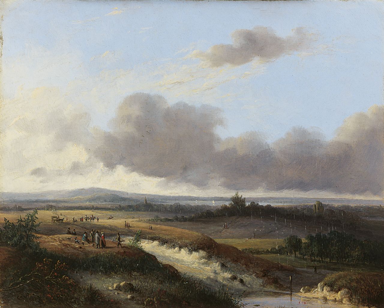 Weerts C.A.  | Coenraad Alexander Weerts, Figures in an extensive landscape, Öl auf Holz 22,5 x 28,2 cm, signed l.l. and l.r. with initials
