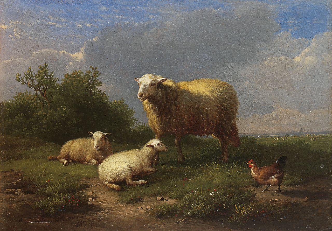 Verboeckhoven E.J.  | Eugène Joseph Verboeckhoven, A landscape with sheep and lambs, Öl auf Holz 14,4 x 20,4 cm, signed l.l. und dated 1874