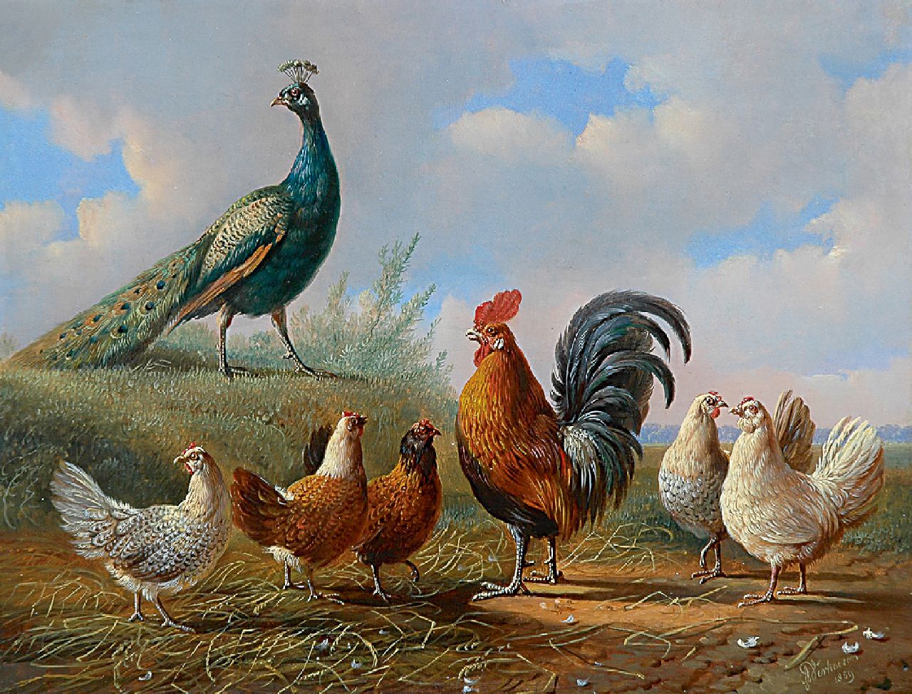 Verhoesen A.  | Albertus Verhoesen, A peacock, a cock and his fowls in a landscape, Öl auf Holz 25,2 x 33,1 cm, signed l.r. und painted 1859
