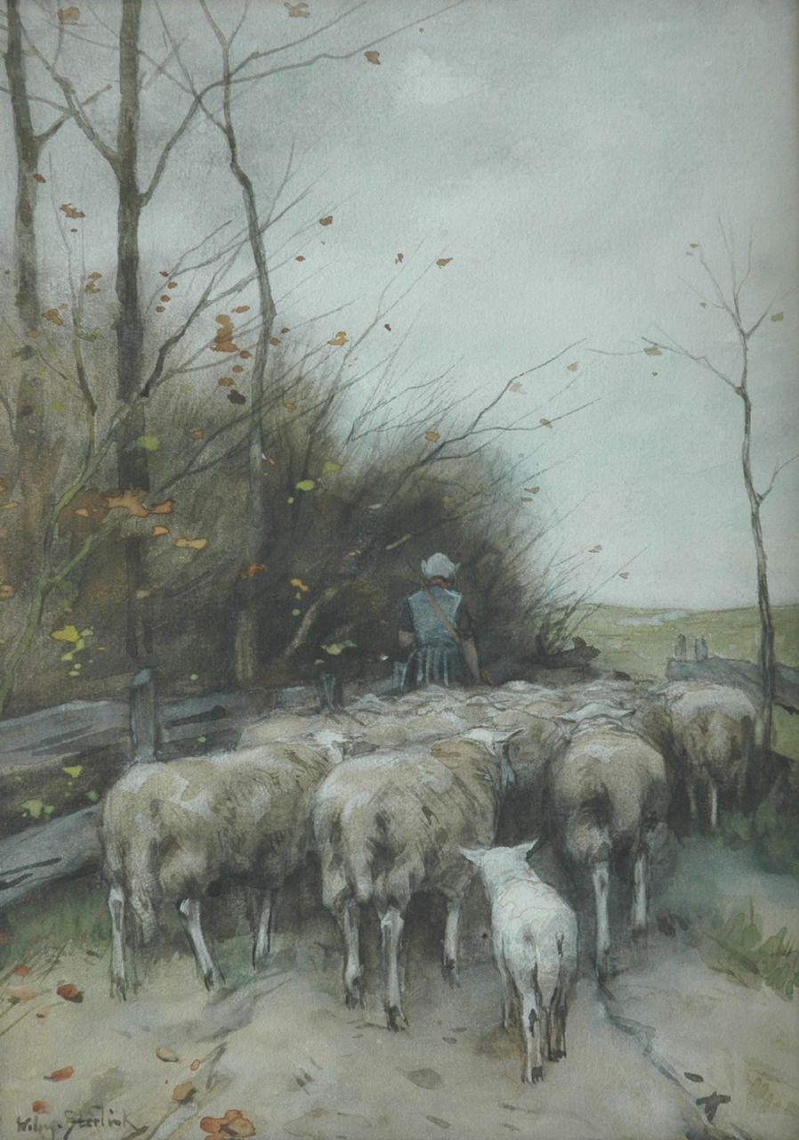 Steelink jr. W.  | Willem Steelink jr., Shepherdess and her flock, Aquarell und Gouache auf Papier 31,5 x 23,0 cm, signed l.l.