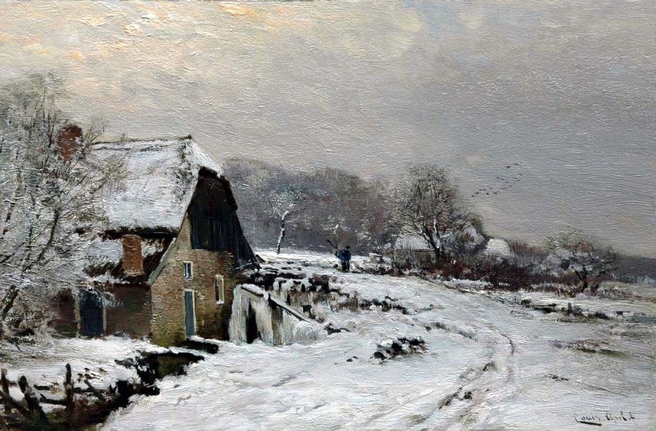 Apol L.F.H.  | Lodewijk Franciscus Hendrik 'Louis' Apol, A farm in a snow-covered landscape, Öl auf Holz 27,5 x 42,1 cm, signed l.r.