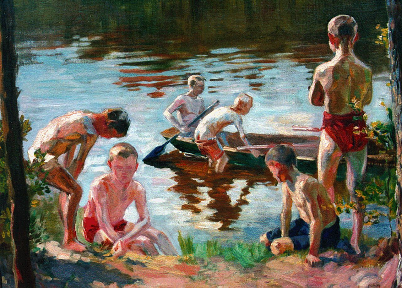 Vogel H.M.  | Heinrich 'Max' Vogel, Boys at play on a riverbank, Öl auf Leinwand 52,0 x 64,0 cm, signed l.r.