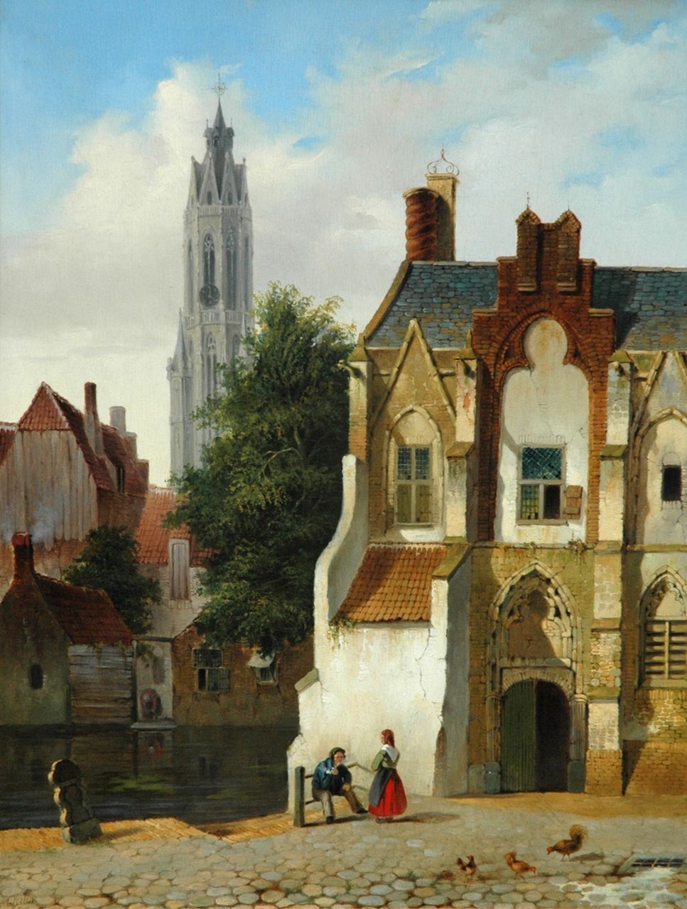 Vertin P.G.  | Petrus Gerardus Vertin, A  view of Delft with figures in summer, Öl auf Holz 51,1 x 39,7 cm, signed l.l. und painted 1838