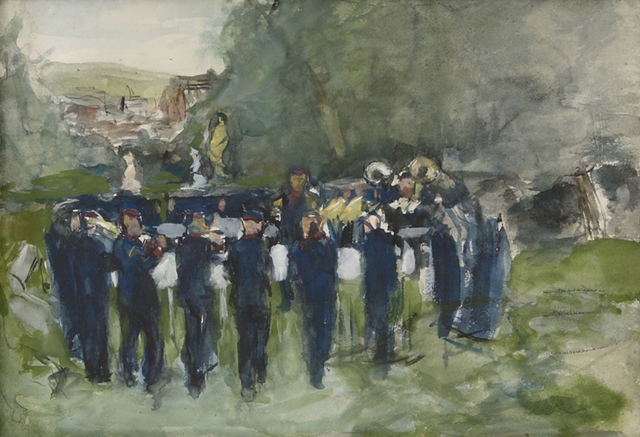 Rappard A.G.A. van | 'Anthon' Gerhard Alexander van Rappard | Aquarelle und Zeichnungen zum Verkauf angeboten | Musikkorps in Neuenahr, Kreide, Aquarell und Gouache auf Papier 35,7 x 51,0 cm