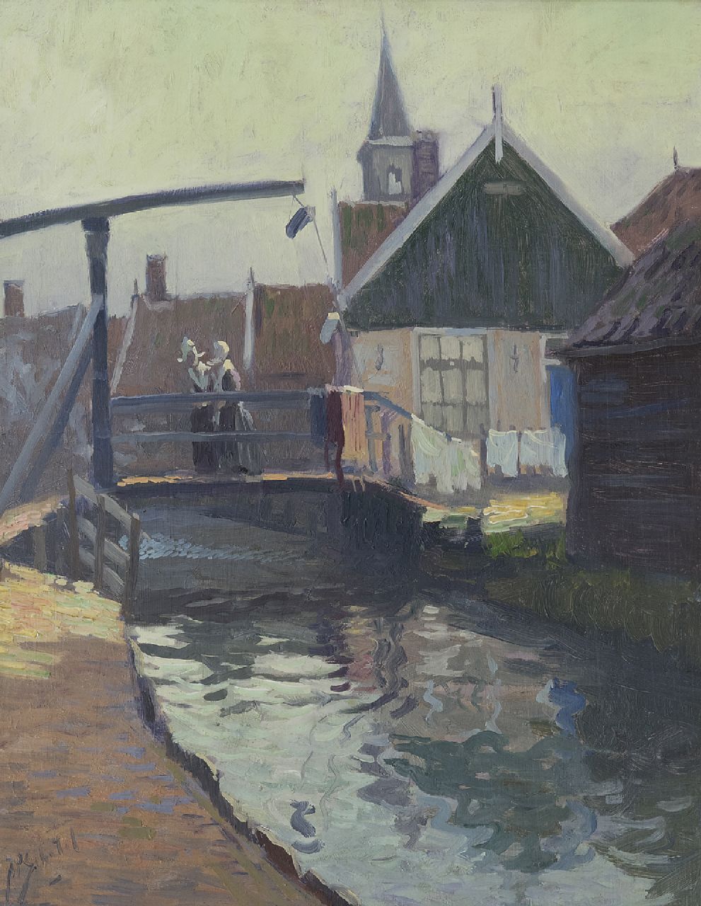 Schotel A.P.  | Anthonie Pieter Schotel, Ansicht auf die Gelbe Brücke, Volendam, Öl auf Holz 41,0 x 32,7 cm, Unterzeichnet l.u.