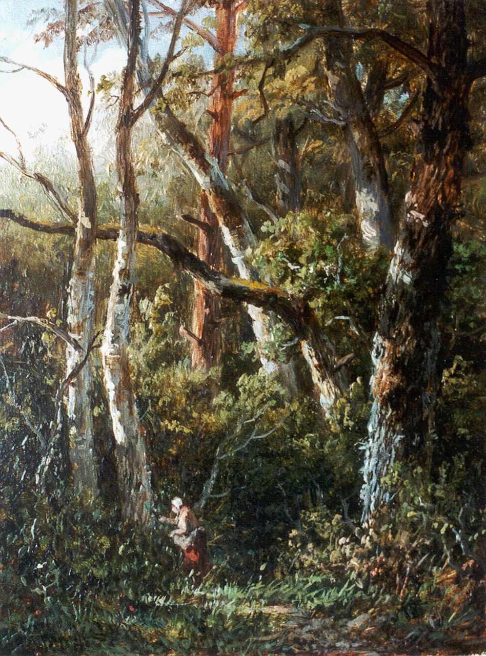 Wijngaerdt A.J. van | Anthonie Jacobus van Wijngaerdt, Picking berries in the forest, Öl auf Holz 15,2 x 10,9 cm