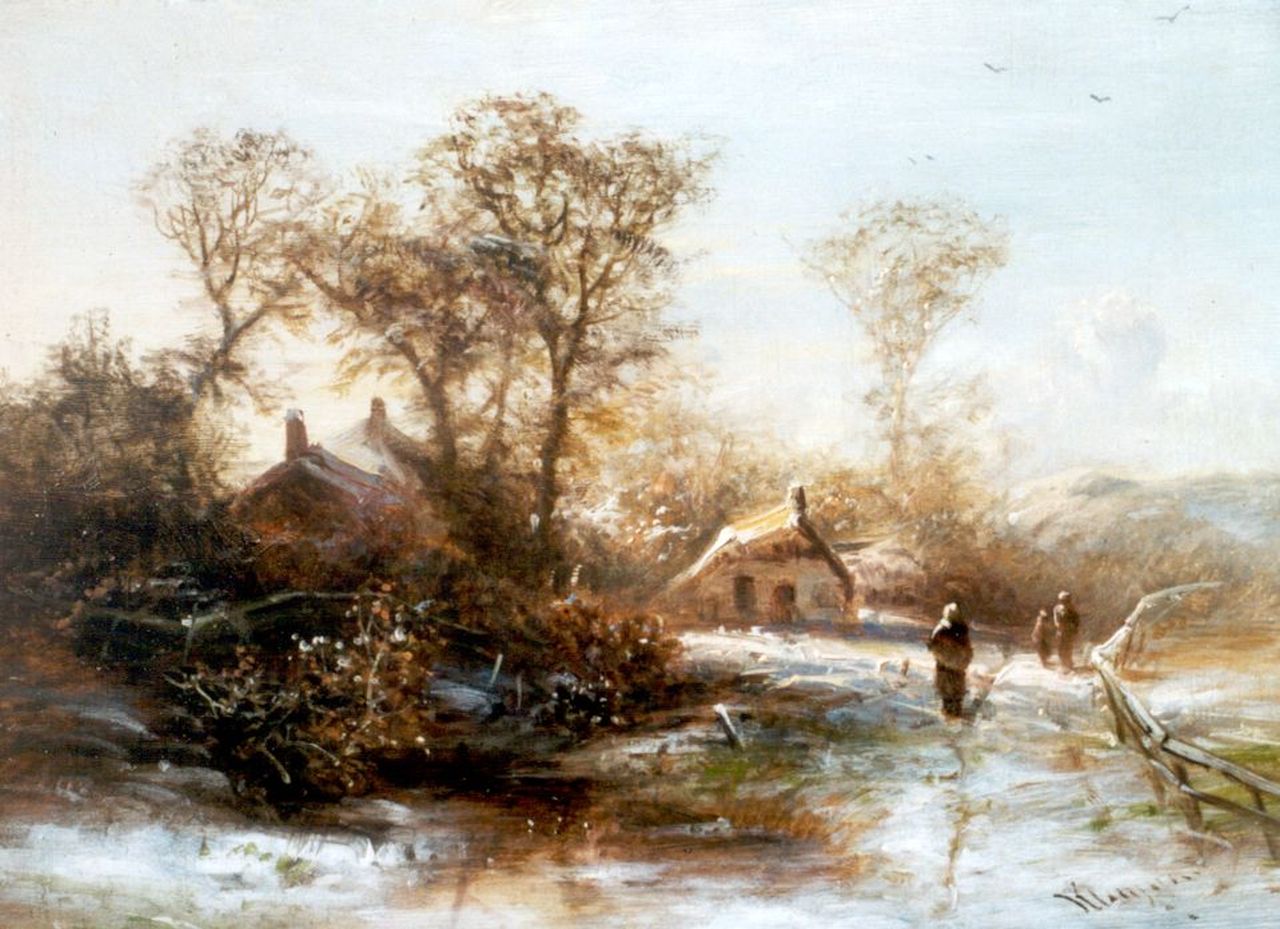 Kluyver P.L.F.  | 'Pieter' Lodewijk Francisco Kluyver, Peasants in a wooded landscape, in winter, Öl auf Holz 19,5 x 26,0 cm, signed l.r.