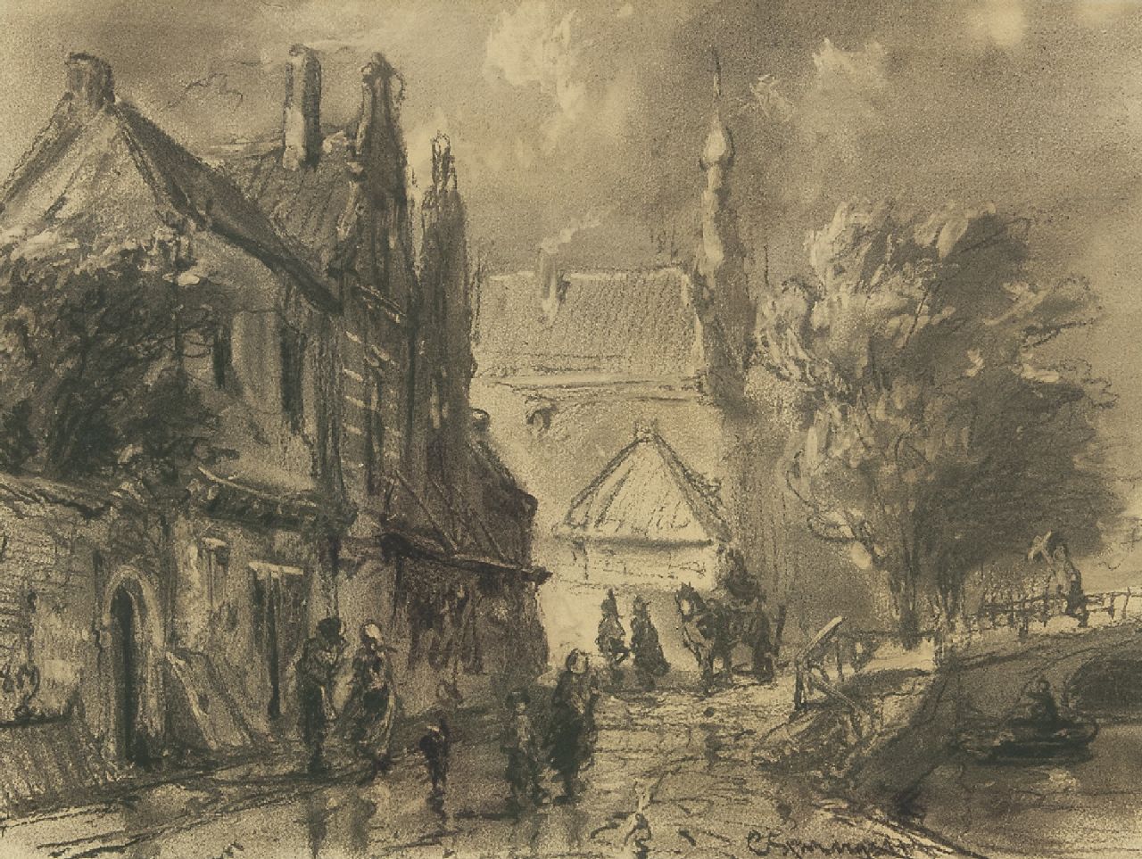 Springer C.  | Cornelis Springer, Aussicht auf die Raamgracht in Haarlem, Holzkohle  auf Papier 31,0 x 40,1 cm, Unterzeichnet r.u. und datiert 1859