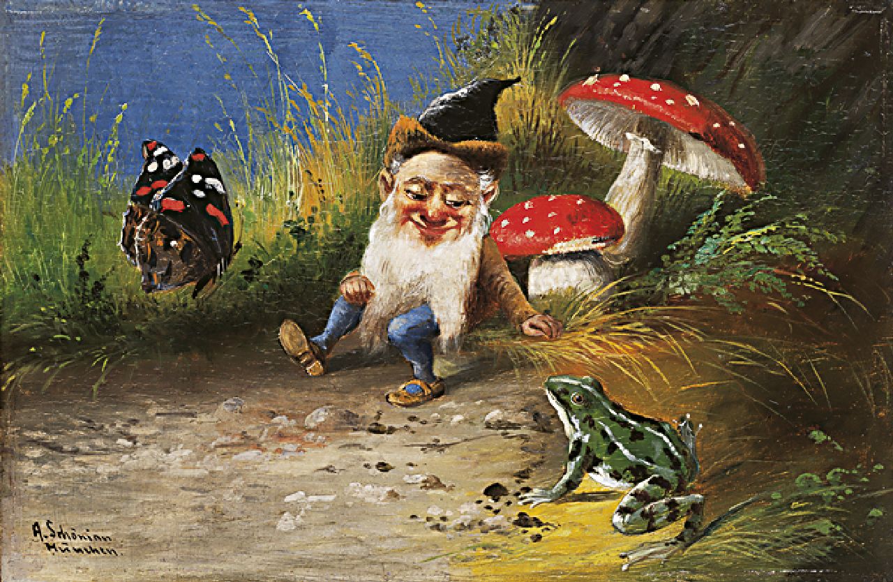Schönian A.  | Alfred Schönian, Ein Gnom und ein Frosch, Öl auf Holz 15,7 x 23,9 cm, Unterzeichnet l.u.