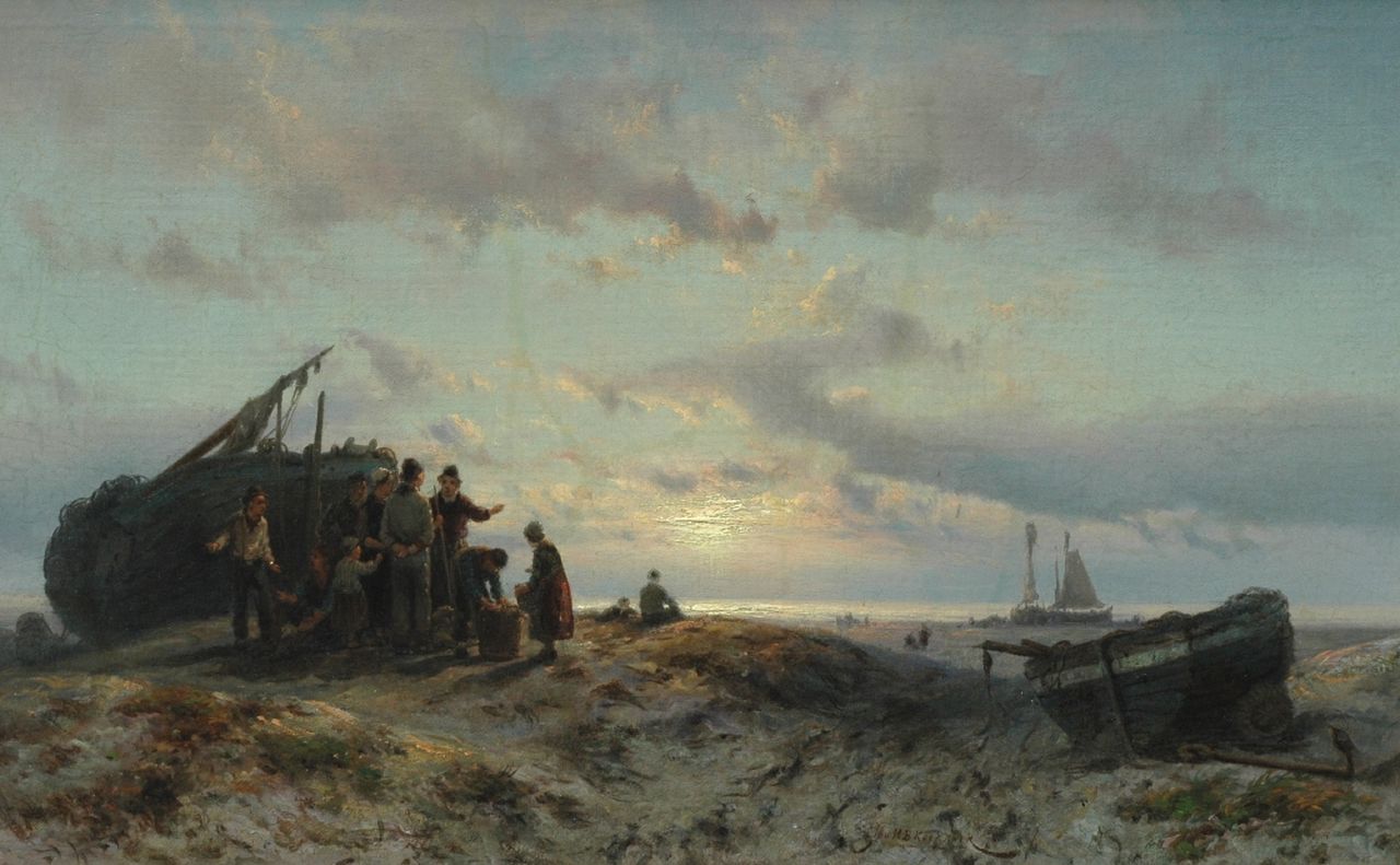 Koekkoek J.H.B.  | Johannes Hermanus Barend 'Jan H.B.' Koekkoek, Fishermen on the dunes at sunset, Öl auf Leinwand 42,6 x 67,0 cm, signed c.r.