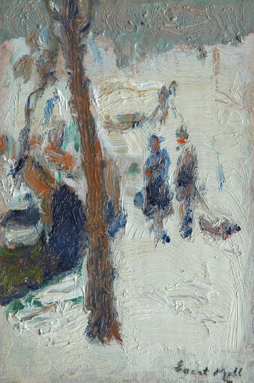 Moll E.  | Evert Moll, Strollers in a park in winter, Öl auf Holz 18,2 x 12,1 cm, signed l.r.