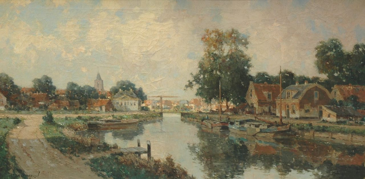 Delfgaauw G.J.  | Gerardus Johannes 'Gerard' Delfgaauw, Houses along a waterway, Öl auf Leinwand 60,1 x 120,0 cm, signed l.l.