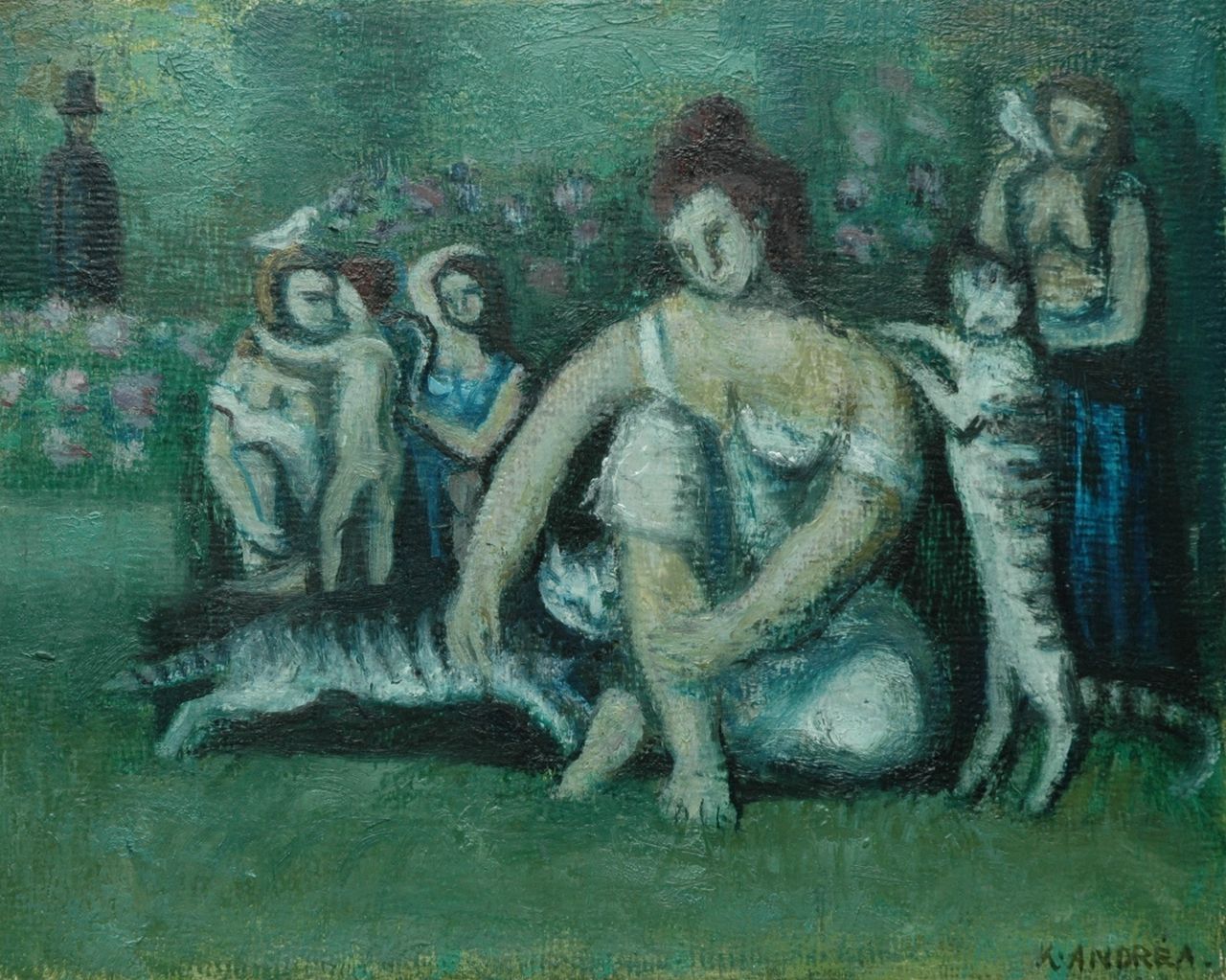 Andréa C.  | Cornelis 'Kees' Andréa, Girl with cats, Öl auf Holzfaser 24,0 x 30,0 cm, signed l.r.