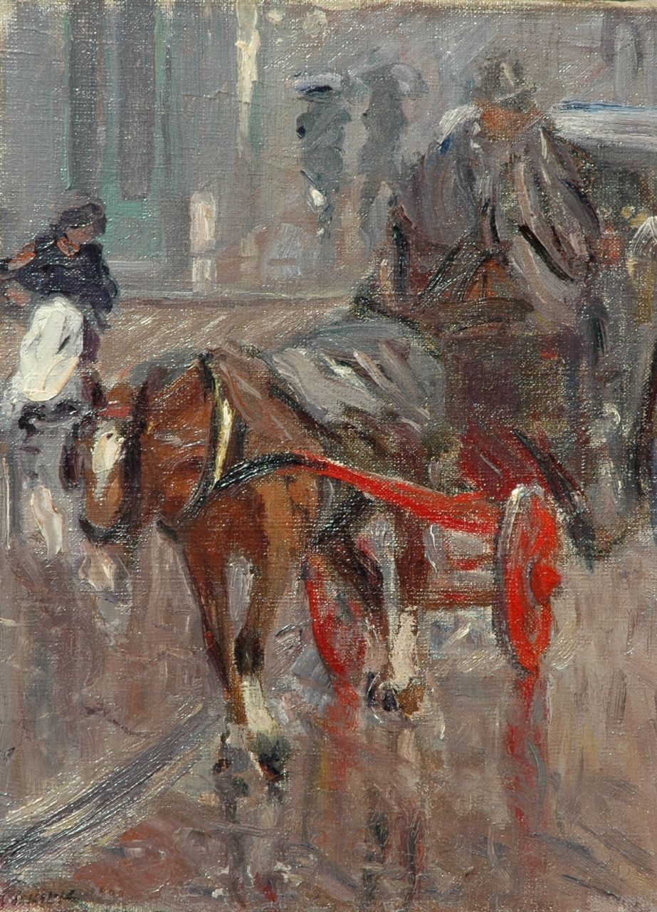 Niekerk M.J.  | 'Maurits' Joseph Niekerk, Carriage in the rain, Öl auf Leinwand 49,8 x 37,5 cm, signed l.l. und dated 1900