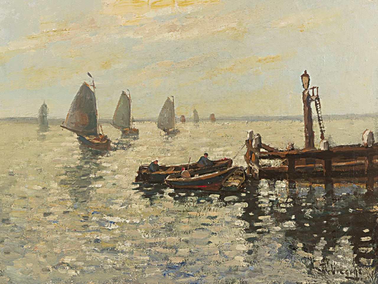 Viegers B.P.  | Bernardus Petrus 'Ben' Viegers, Departing flatboats, Volendam, Öl auf Leinwand 30,3 x 40,0 cm, signed l.r.