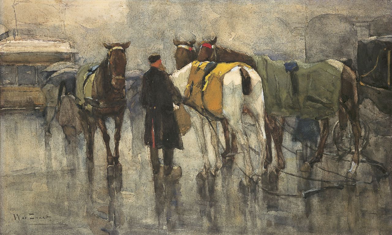 Zwart W.H.P.J. de | Wilhelmus Hendrikus Petrus Johannes 'Willem' de Zwart, Harnessing the horses, Aquarell auf Papier 30,0 x 60,0 cm, signed l.l.