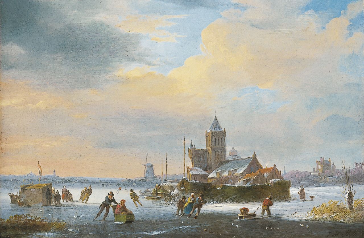Stok J. van der | Jacobus van der Stok, A frozen river with skaters and a 'koek-en-zopie', Öl auf Holz 20,5 x 30,5 cm, signed l.r.