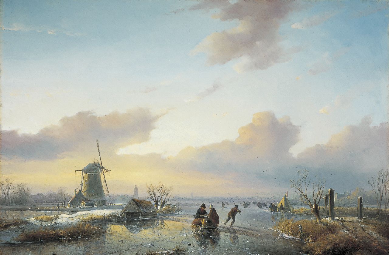 Spohler J.J.  | Jan Jacob Spohler, Skaters on a Dutch waterway, Öl auf Holz 42,5 x 62,8 cm