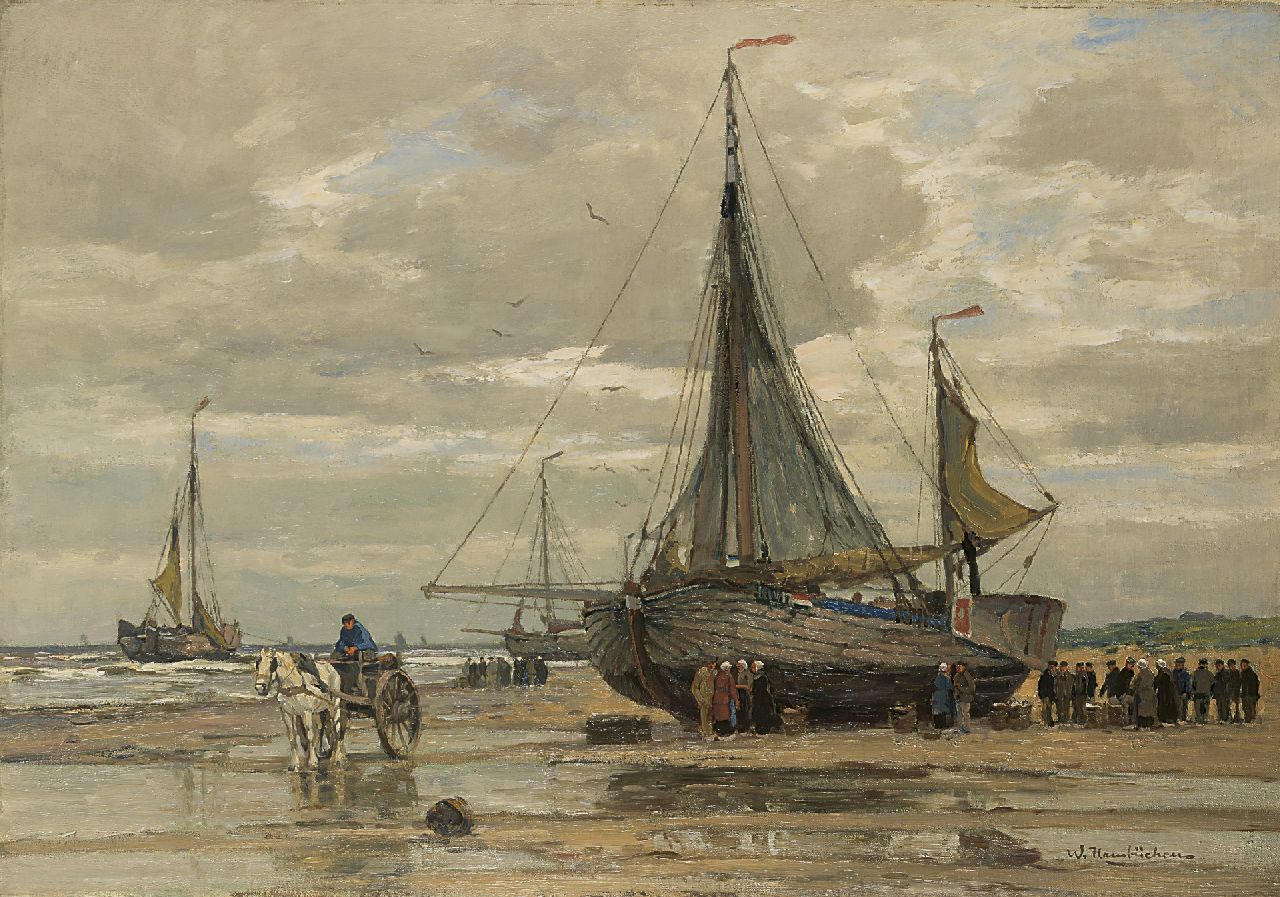 Hambüchen W.  | Wilhelm Hambüchen, Fisherfolk on the beach of Katwijk, Öl auf Leinwand 82,0 x 117,4 cm, signed l.r.