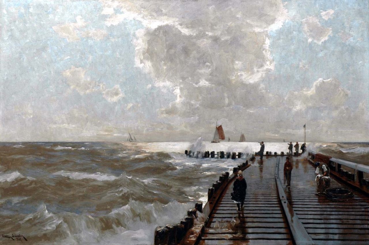 Erwin Günther | Figuren auf einem Pier bei stürmischem Wetter, Öl auf Leinwand, 80,0 x 120,8 cm, Unterzeichnet l.u.