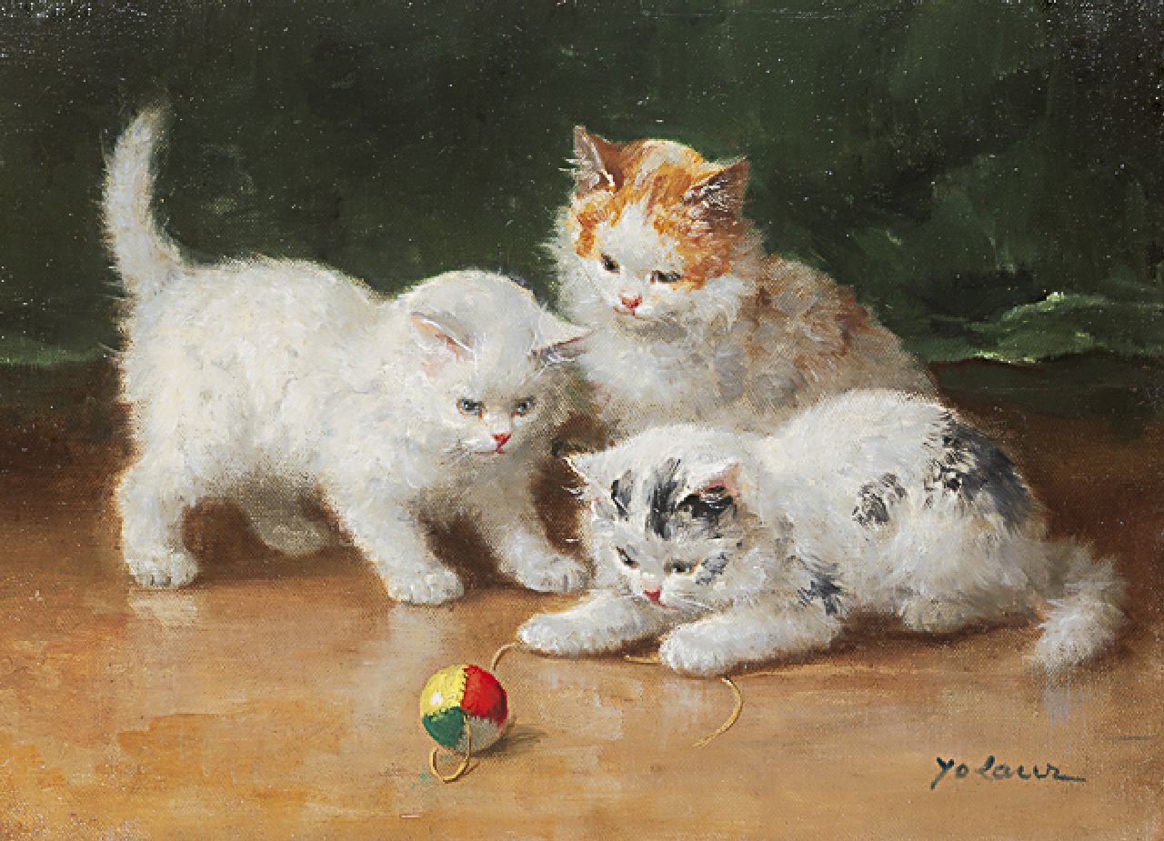 Yo Laur | Three kittens playing, Öl auf Leinwand, 24,2 x 33,2 cm, signed l.r.