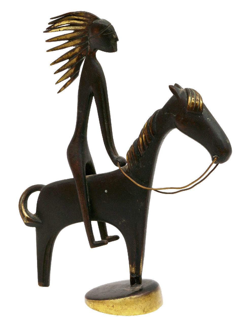 Hagenauer K.  | Karl Hagenauer | Skulpturen und Objekte zum Verkauf angeboten | Indianer zu Pferd, Patiniertes Messing 13,1 x 10,1 cm, zu datieren um 1950