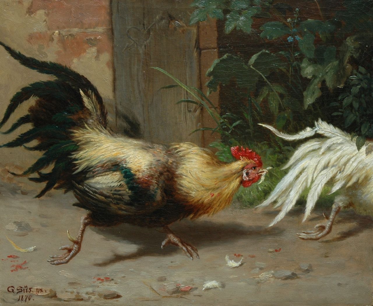 Gustav Süs | Cockfight, Öl auf Leinwand, 28,1 x 34,3 cm, signed l.l. und dated 1870