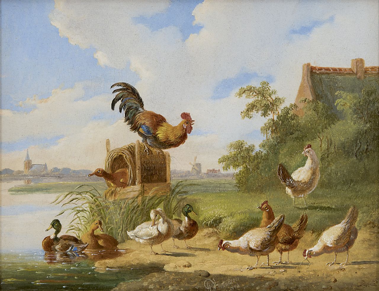 Verhoesen A.  | Albertus Verhoesen, Hahn, Hühner und Enten an einem holländischen Flussufer, Öl auf Holz 14,7 x 18,7 cm, Unterzeichnet M.u. und datiert 1870