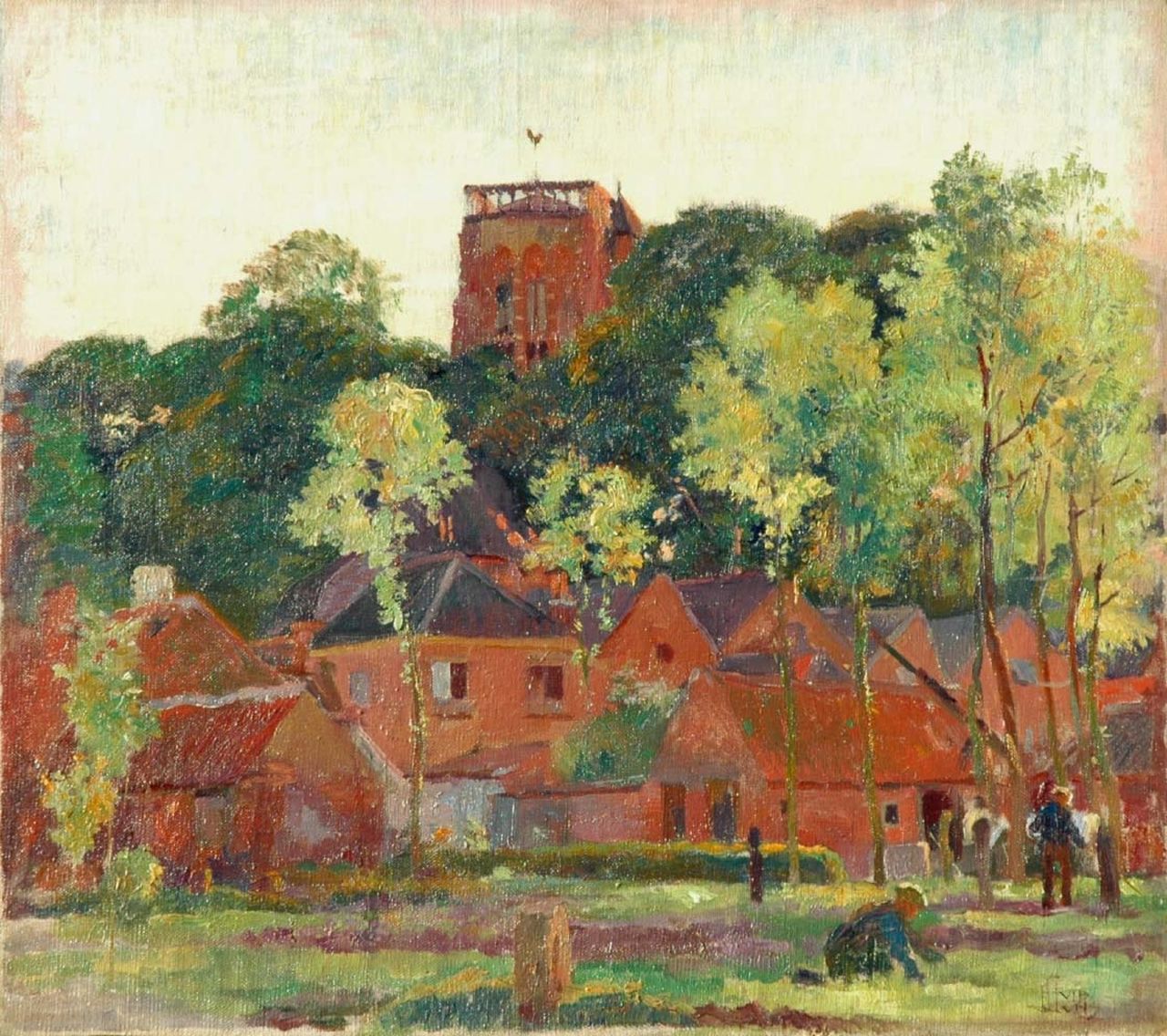 Luns H.M.  | Hubert Marie 'Huib' Luns, The Vughtse tower in summer, Öl auf Leinwand  auf Holzfaser 46,3 x 52,0 cm, signed l.r. und dated 1928