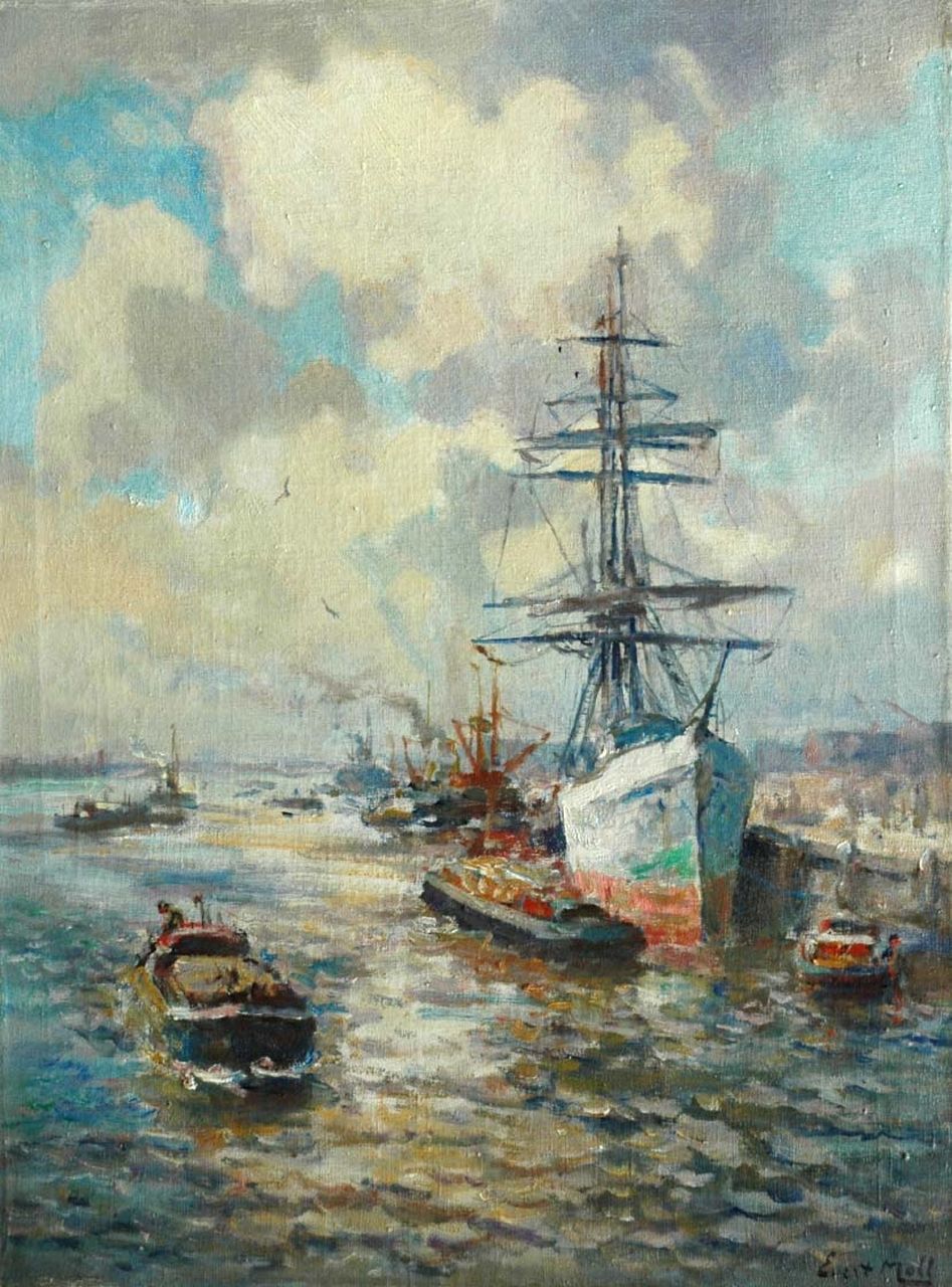 Moll E.  | Evert Moll, A three master in the Rotterdam harbour, Öl auf Leinwand 81,3 x 60,9 cm, signed l.r.