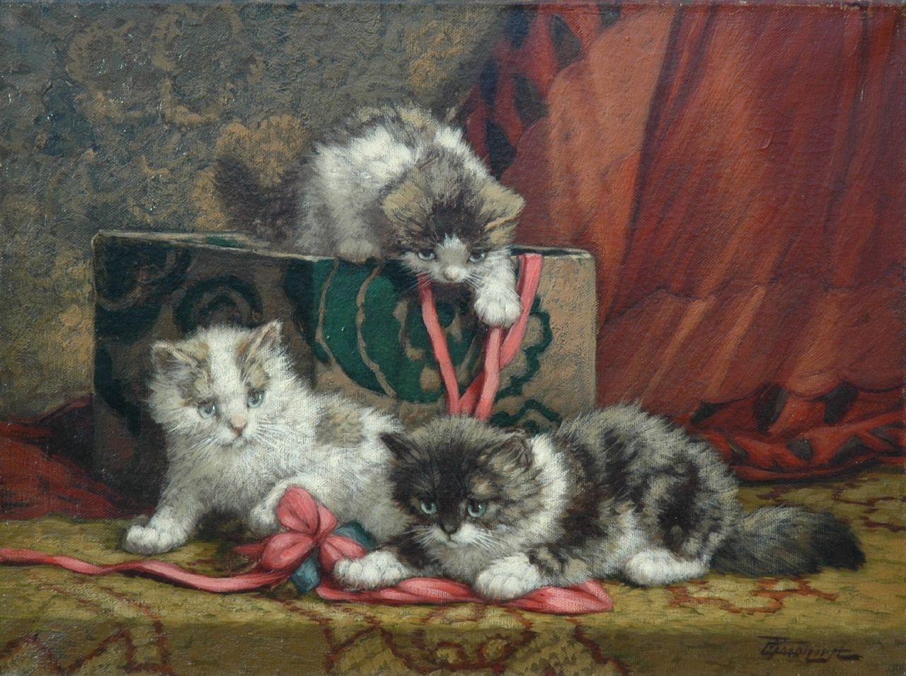 Raaphorst C.  | Cornelis Raaphorst, Three playing kittens and a box of ribbons, Öl auf Leinwand 29,8 x 40,0 cm, signed l.r.