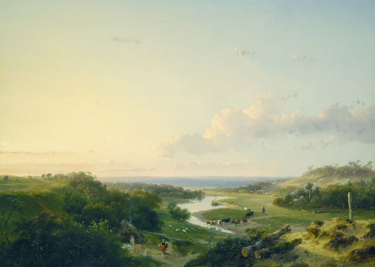 Schelfhout A.  | Andreas Schelfhout, An extensive river landscape, Öl auf Holz 35,8 x 48,8 cm, signed l.r. und dated 1847